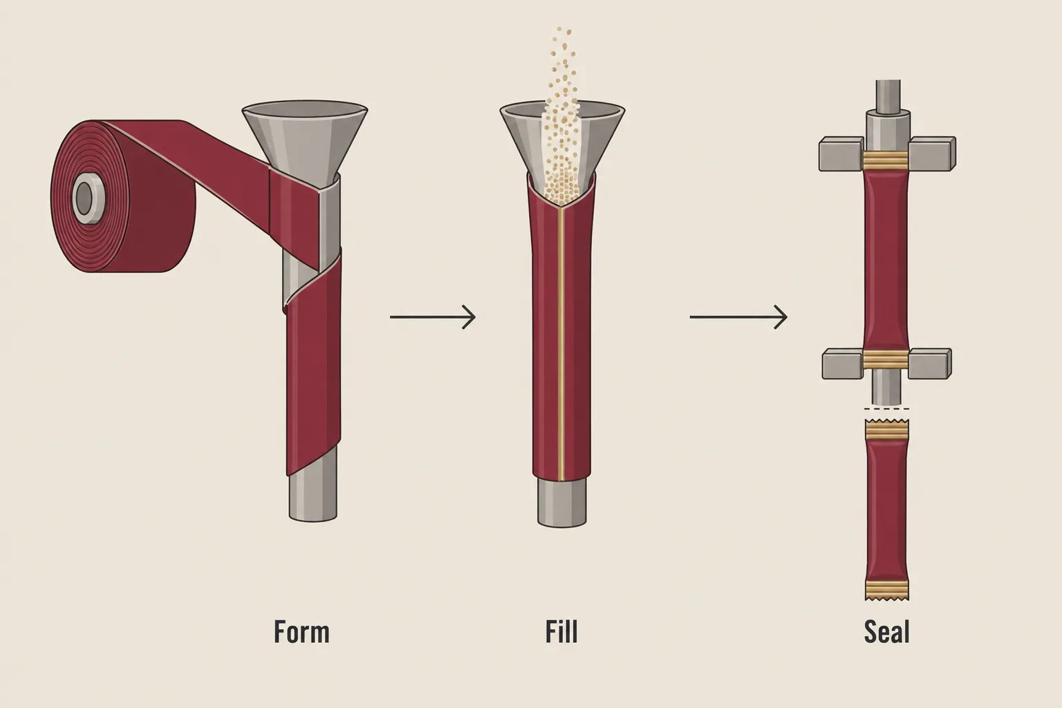 Three-step diagram of a stick pack being made: film wraps around a forming tube, powder fills it, and the ends are sealed and cut